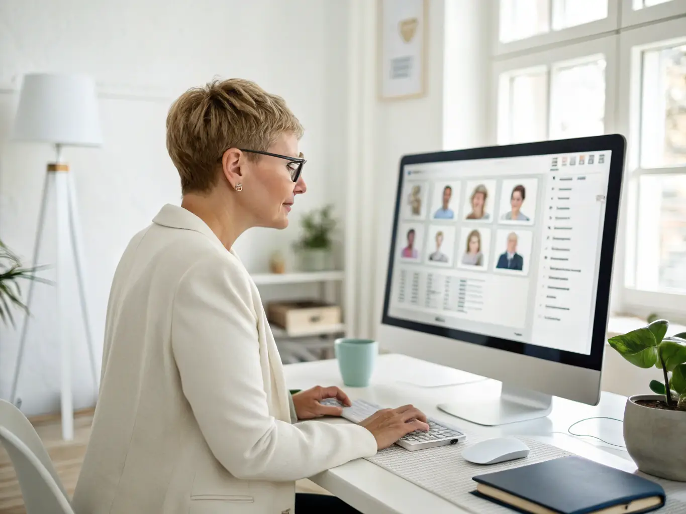 A SafeHavenHousing resident is shown using a computer in a resource center, researching job opportunities and connecting with potential employers. The environment is supportive and conducive to career development.