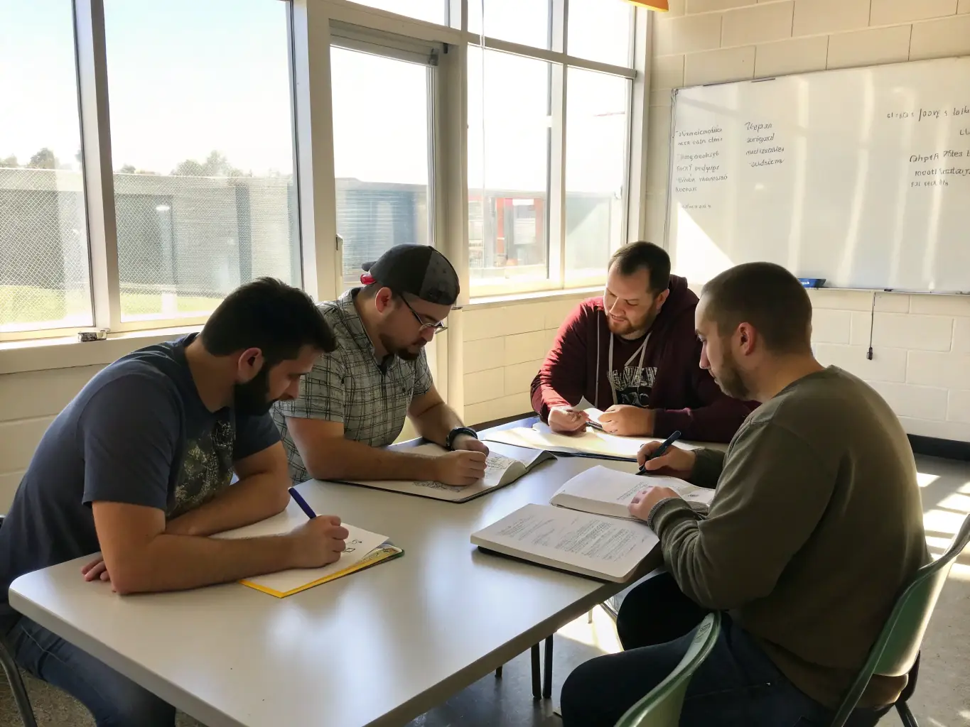 A group of SafeHavenHousing residents are participating in a life skills workshop, learning about budgeting and financial planning. The setting is a community room with a whiteboard and educational materials.