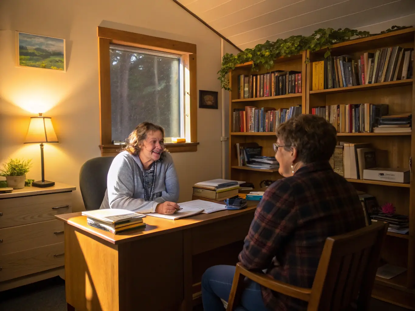 A friendly social worker is shown assisting a SafeHavenHousing resident with paperwork in a well-lit, comfortable office setting. The atmosphere is supportive and professional, emphasizing the personalized care provided.